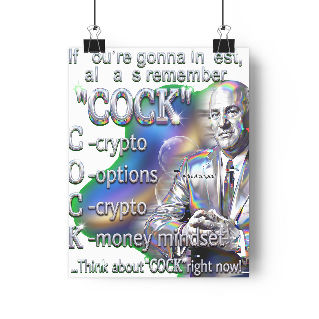 A vaporwave style meme poster reading High Yield Cock Portfolio with deep-fried chrome graphics.