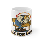 Mug featuring a parody in-flight safety card instructing students to assume the brace position.