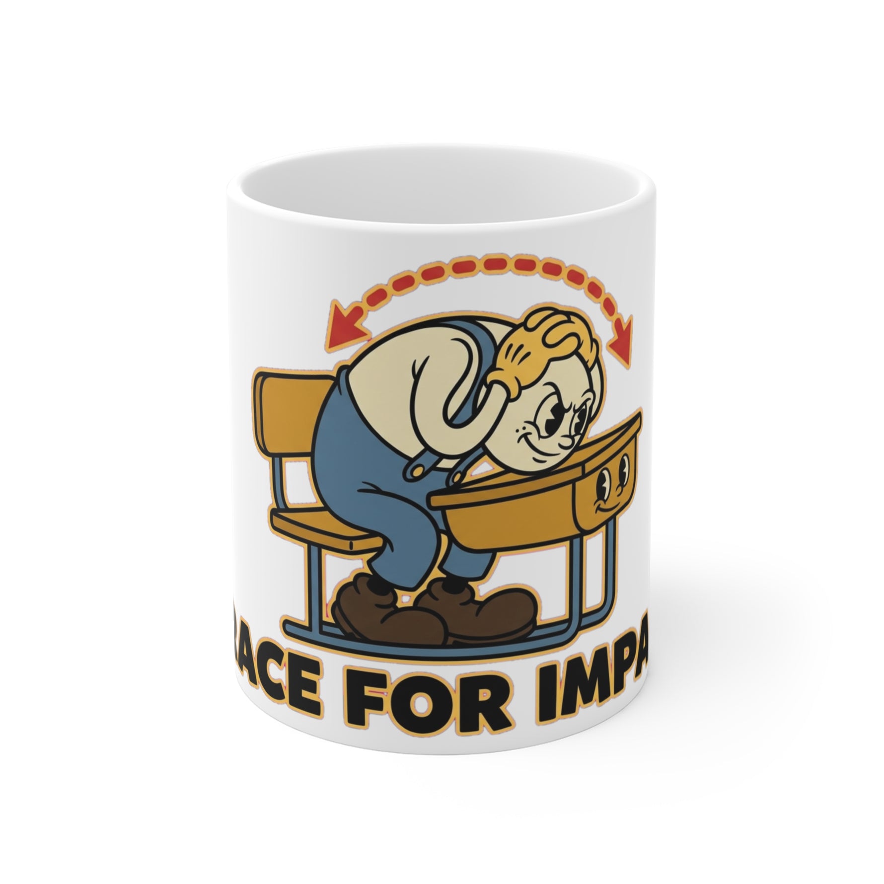 Mug featuring a parody in-flight safety card instructing students to assume the brace position.