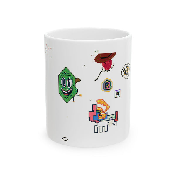 A white mug wrapped in a chaotic, unedited crowdsourced digital mural from Season 5 of The Commission.