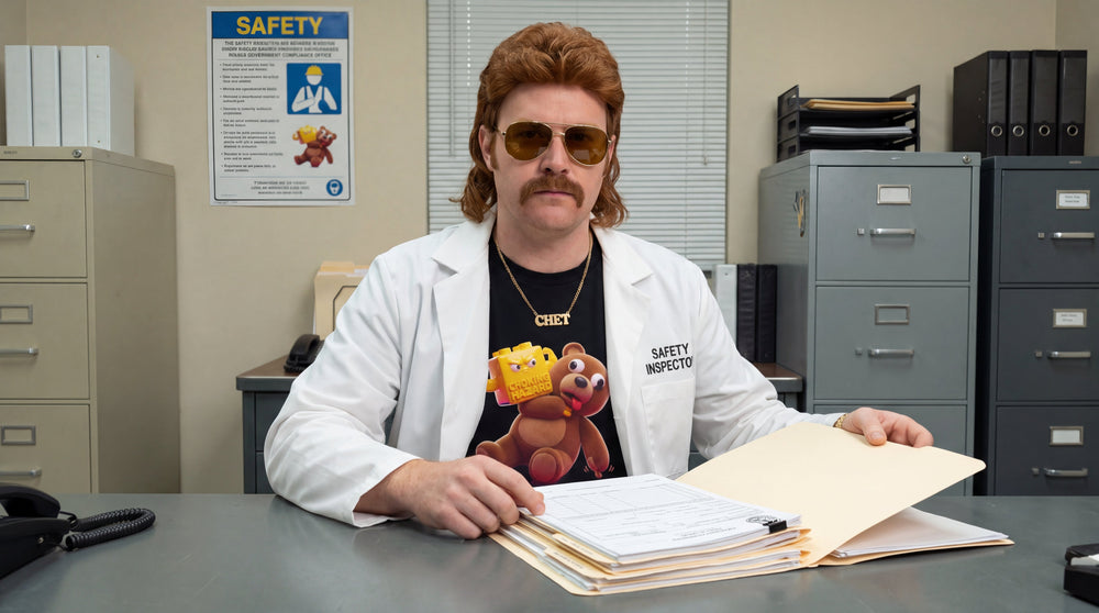 A man with a mullet, moustache, and sunglasses sits at a grey metal desk sorting paperwork in a stark office. He wears a T-shirt reading 'CHOKING HAZARD' above an image of a toy block choking a large teddy bear, layered under an open white lab coat.