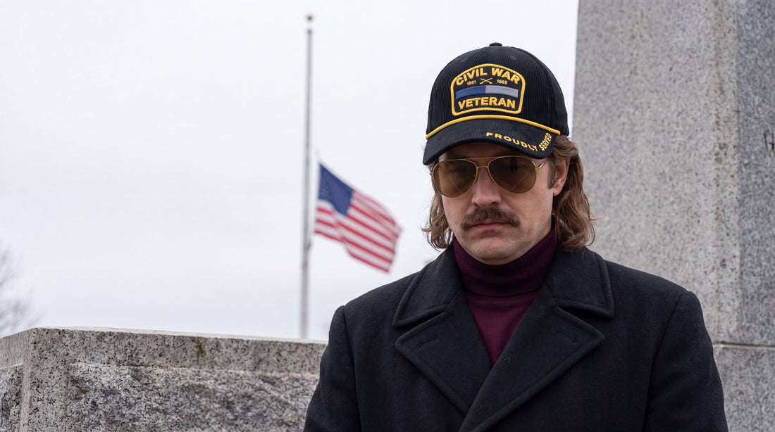 A man in a dark overcoat and a black corduroy cap with an embroidered Civil War Veteran patch stands before a granite war memorial on an overcast morning, a flag at half-staff behind him.