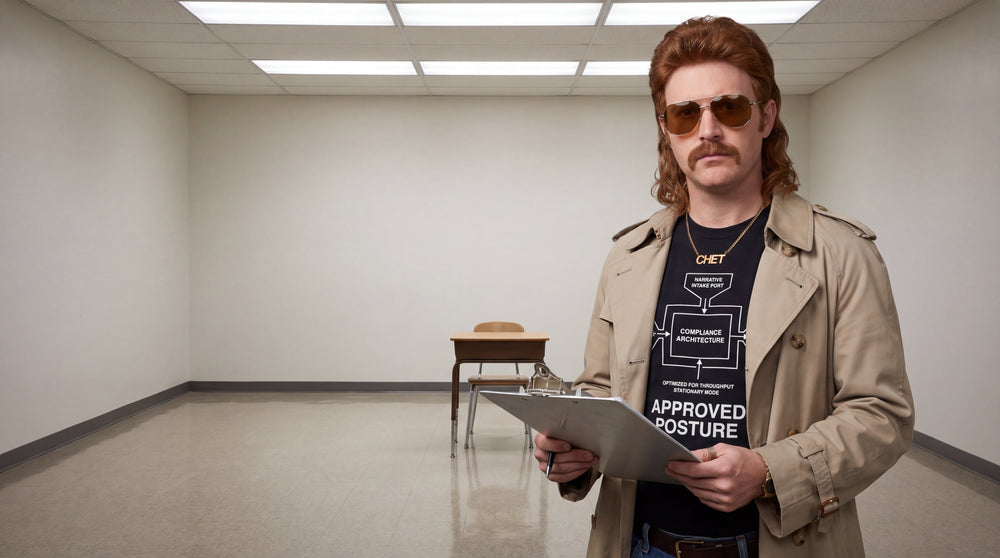 A man with a mullet and moustache wearing a beige trench coat over a graphic t-shirt, holding a metal clipboard. He stands in a plain room with a single wooden school desk on a linoleum floor under bright fluorescent lights.