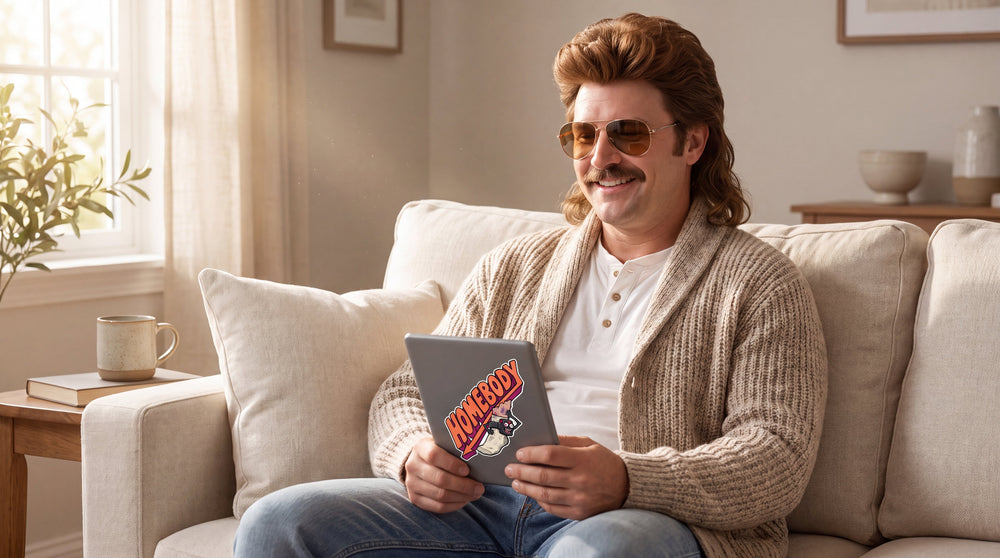 A middle-aged man with a mullet, thick brown moustache, and gold aviator sunglasses sitting calmly on a sofa in a bright room. He wears a beige chunky cardigan. He is holding an e-reader with its back facing the camera, displaying a sticker of a cartoon ankle monitor on a leg with the text "HOMEBODY".