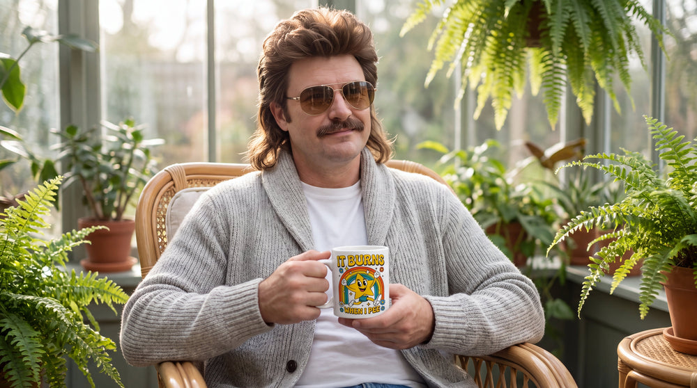 A middle-aged man with a mullet, mustache, and gold-rimmed aviator sunglasses sits calmly in a bright sunroom surrounded by plants. He wears a grey cardigan and holds a white coffee mug printed with a colorful cartoon graphic and the text 'Excruciating Flank Pain'. He rests comfortably with a slight smile.