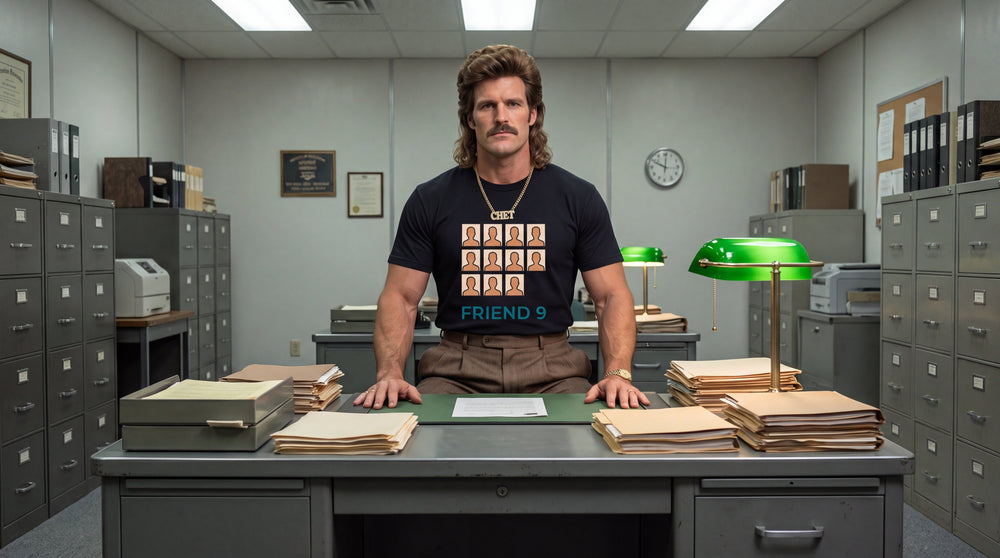 A man with a brown mullet, moustache, and gold aviator sunglasses sits behind a metal office desk backed by grey filing cabinets. He wears a T-shirt printed with "FRIEND 9" and a grid of silhouette avatars. His hands are folded neatly on a desk blotter next to stacked manila folders.