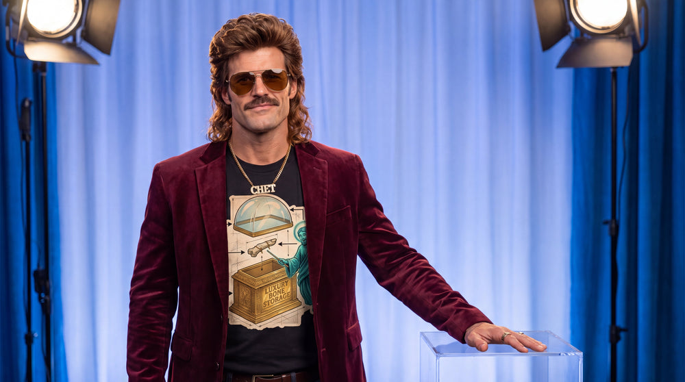 A man with a mullet and moustache wearing a velvet blazer over a T-shirt printed with a diagram and the words LUXURY BONE STORAGE. He is standing in a brightly lit television studio next to an empty acrylic pedestal.