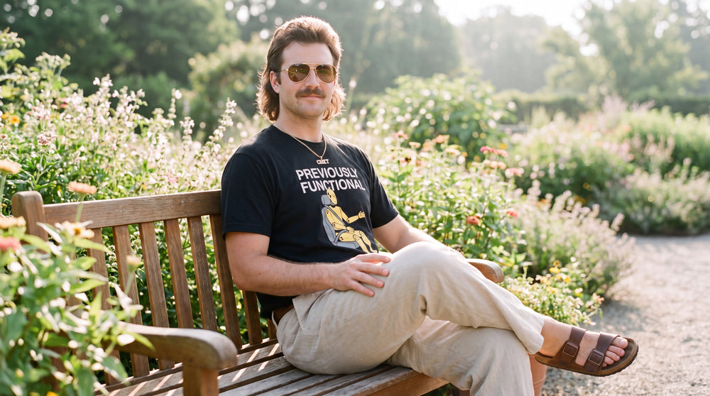 A photograph of a man with a brown mullet and moustache sitting on a garden bench in bright morning light. He is smiling serenely. He wears a t-shirt featuring the text "PREVIOUSLY FUNCTIONAL" and an illustration of a damaged crash-test dummy, paired with beige trousers and a gold necklace.