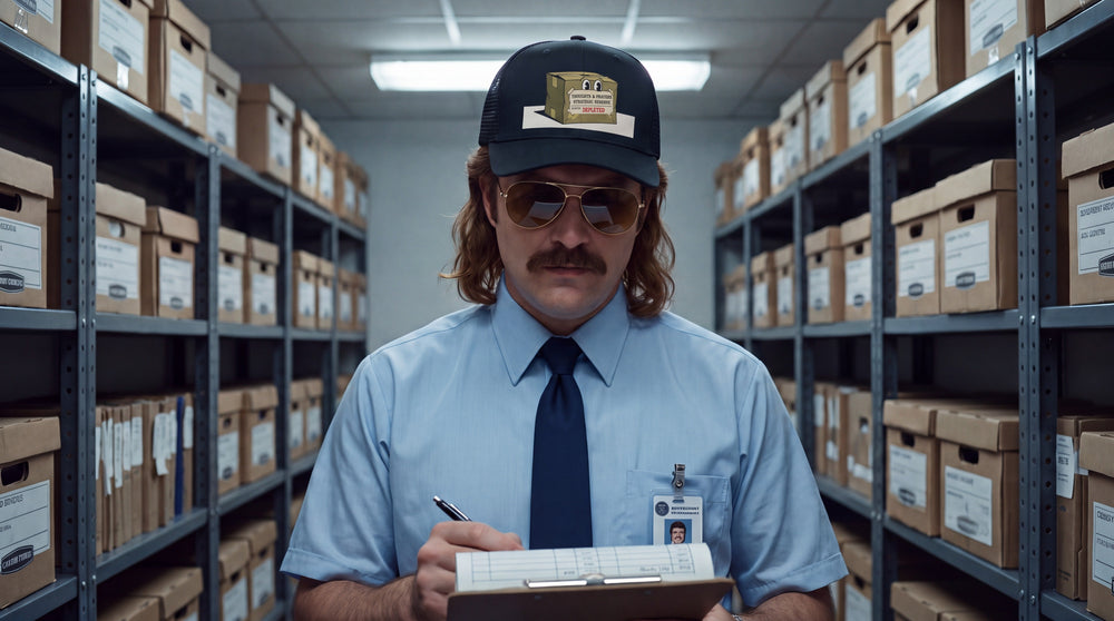 A middle-aged man with a thick brown moustache, mullet, and gold aviator sunglasses stands in a sterile records room. He wears a short-sleeved blue shirt, a navy tie, and a dark cap reading "THOUGHTS & PRAYERS — STRATEGIC RESERVE". He is holding a clipboard and calmly reviewing a document under fluorescent lights.