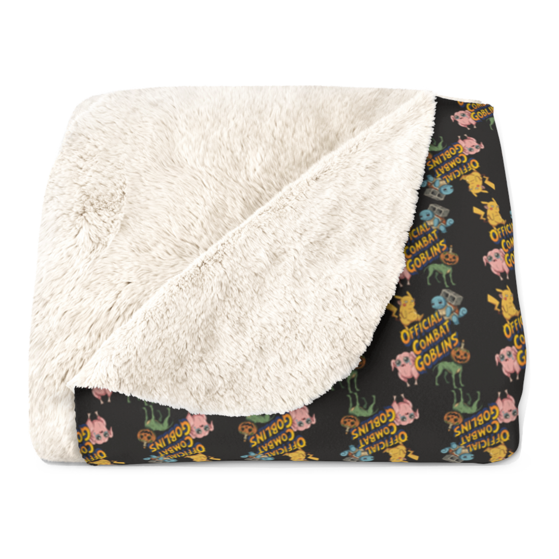 Sad off-model Pokemon: a jowly Pikachu, a cinderblock Squirtle and two cursed creatures, on a blanket