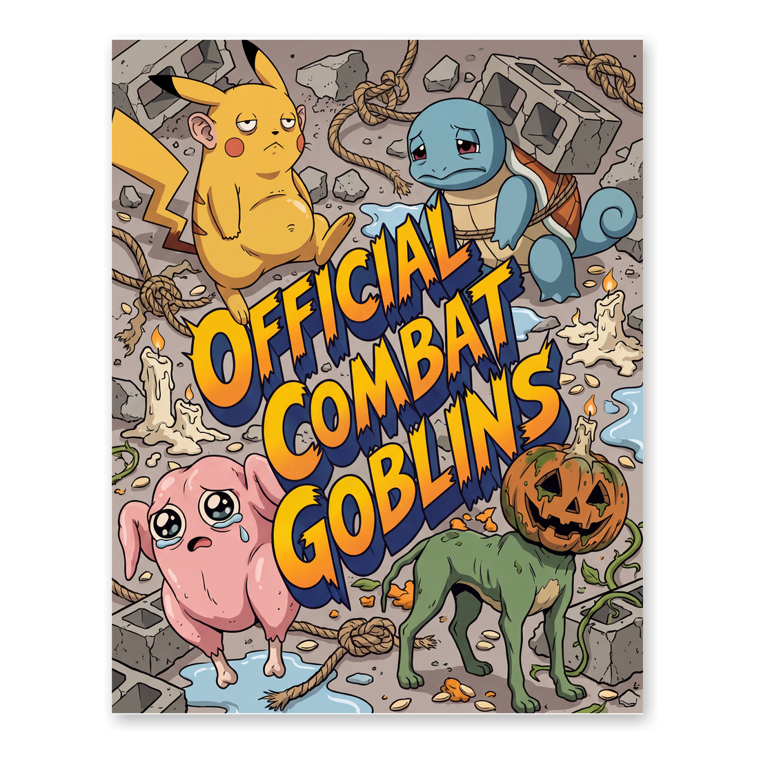 Sad off-model Pokemon: a jowly Pikachu, a cinderblock Squirtle and two cursed creatures, on a poster