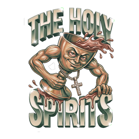 Jacked communion chalice in a gold cross chain spilling wine, a Holy Spirit booze pun, on a sticker — White