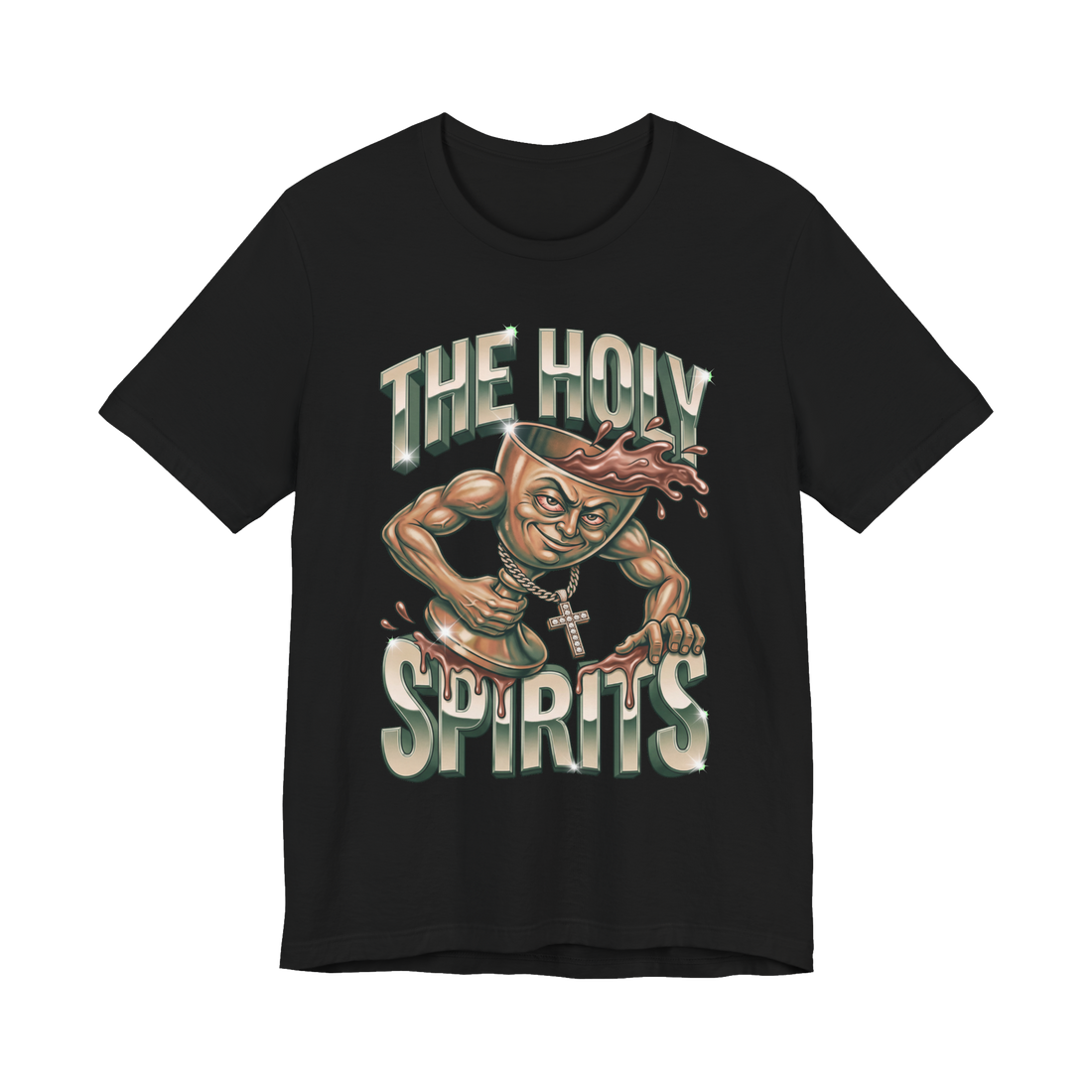 Jacked communion chalice spilling wine, a Holy Spirit booze pun, on a t-shirt — Black