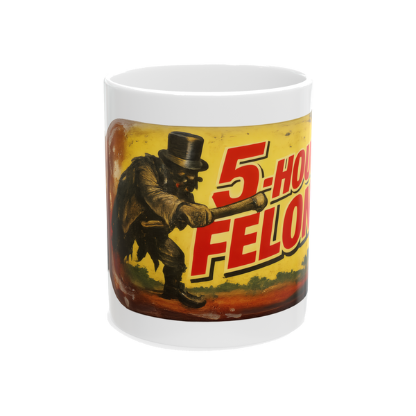 A novelty coffee mug featuring a spoof 5-Hour Energy label reading 5-Hour Felony.