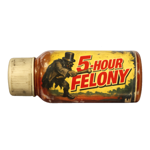 5-Hour Energy style shot labeled 5-HOUR FELONY with Mr. Hyde swinging a cane, on a sticker — White