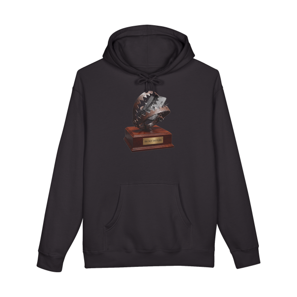 Funny out of office hoodie featuring a bear trap mounted on a wooden plaque.