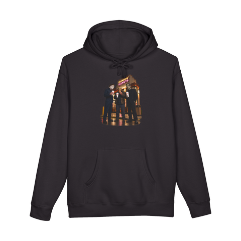 Michael Myers and fellow horror slashers holding coffees outside a Dunkin' Donuts at night, on a hoodie — Black