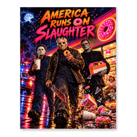 Michael Myers, Jason and Frankenstein's monster on a Dunkin Donuts coffee run, on a poster