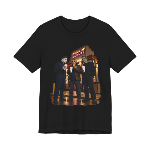 Michael Myers and fellow horror slashers holding coffees outside a Dunkin' Donuts at night, on a t-shirt — Black