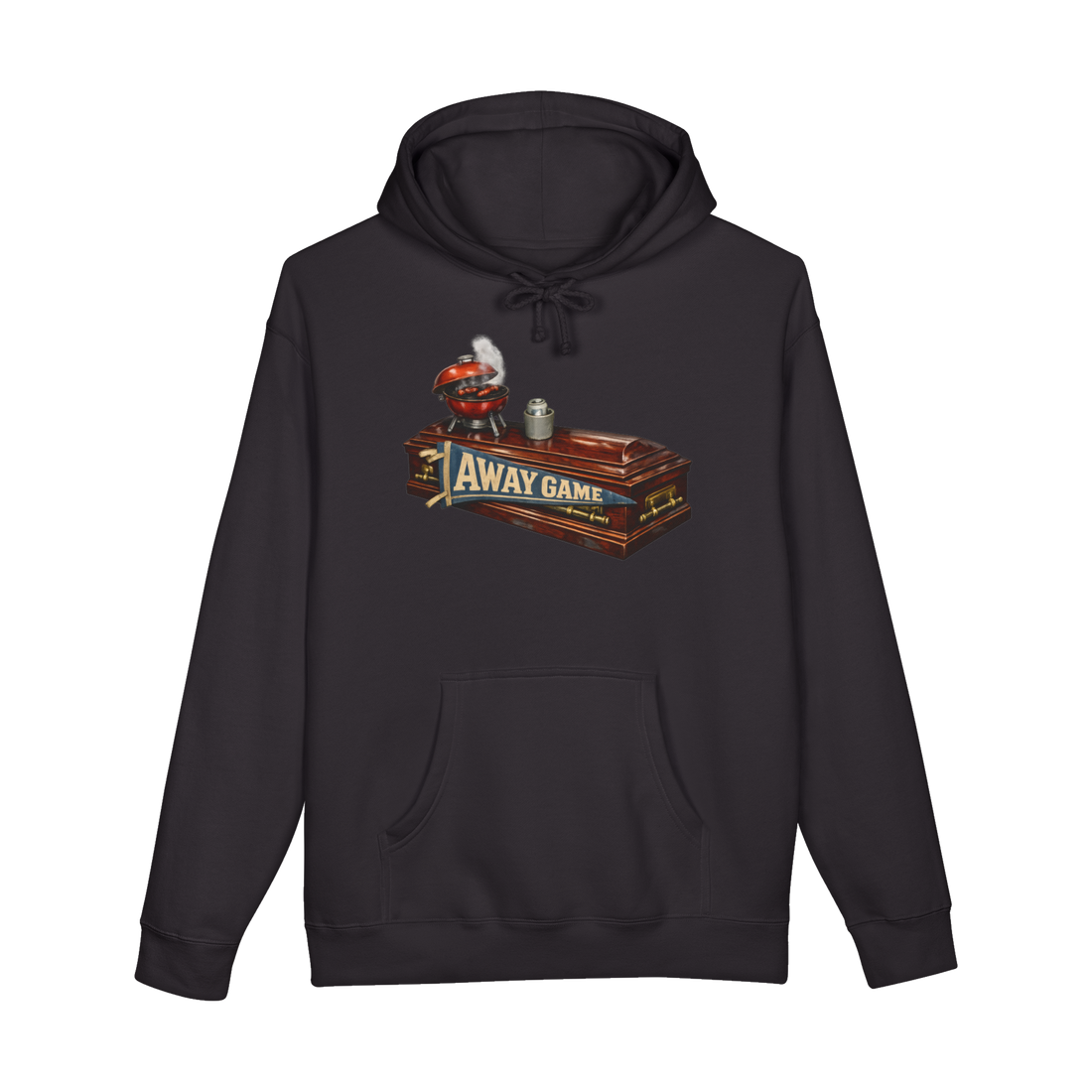 A hoodie featuring the Away Game design, a funny dark humor joke about being a diehard sports fan in the afterlife.