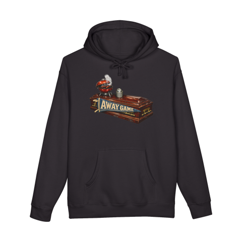A hoodie featuring the Away Game design, a funny dark humor joke about being a diehard sports fan in the afterlife.