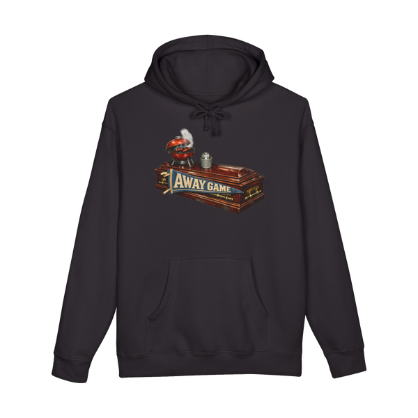 A hoodie featuring the Away Game design, a funny dark humor joke about being a diehard sports fan in the afterlife.