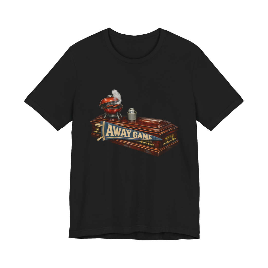 A funny t-shirt for diehard sports fans featuring an away game afterlife tailgating joke.