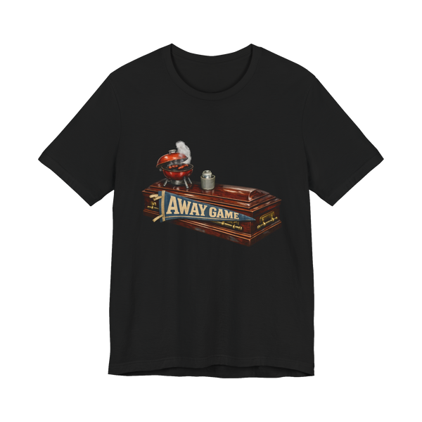 A funny t-shirt for diehard sports fans featuring an away game afterlife tailgating joke.