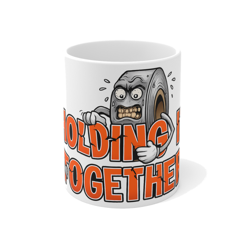 Coffee mug featuring a sweating, panicked roll of tape and the text Barely Holding It Together
