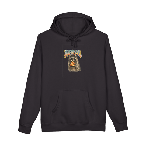 Feral raccoon eating pepperoni pizza under a rhinestone Y2K FERAL logo, on a hoodie — Black