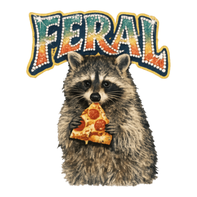 Feral raccoon clutching pizza under a rhinestone Y2K FERAL wordmark, on a sticker — White