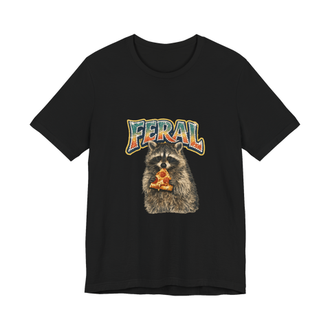 Feral raccoon eating pepperoni pizza under a rhinestone Y2K FERAL logo, on a t-shirt — Black