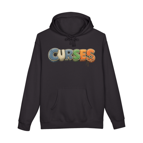 Toys R Us style bouncy letters spelling CURSES with a pentagram star, on a hoodie — Black