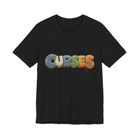Toys R Us style bouncy letters spelling CURSES with a pentagram star, on a t-shirt — Black