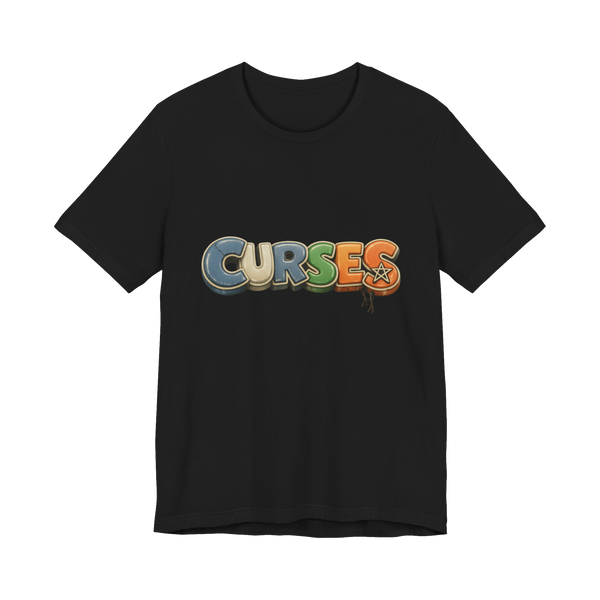 A t-shirt with bright, bouncy typography spelling out a malevolent hex.