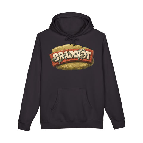 A yellow nostalgic parody logo reading Brainrot with squished pink brain matter on a hoodie.