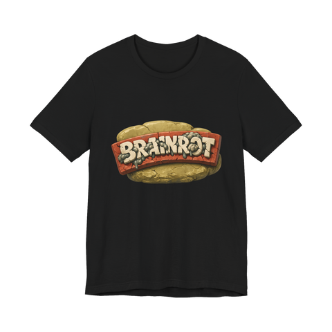 A yellow plastic tub filled with pink brain tissue printed on a t-shirt, parodying a classic childhood toy logo.