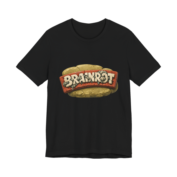 A yellow plastic tub filled with pink brain tissue printed on a t-shirt, parodying a classic childhood toy logo.