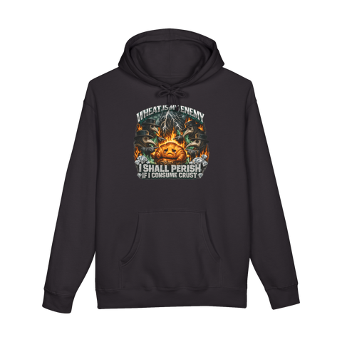 Plague doctors curse a crying croissant: Wheat Is My Enemy, a celiac disease joke, on a hoodie — Black