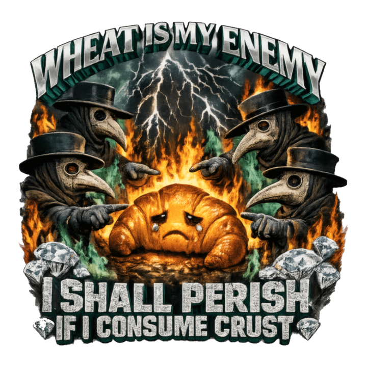 Plague doctors curse a crying croissant: Wheat Is My Enemy, a celiac disease joke, on a sticker — White