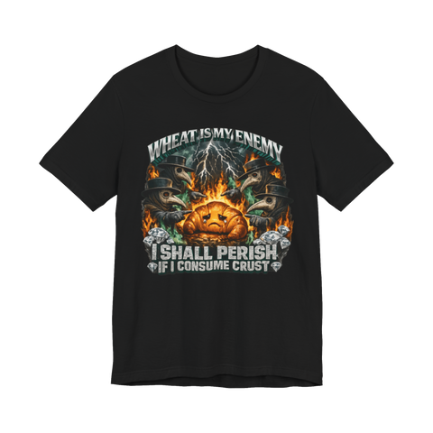 Plague doctors curse a crying croissant: Wheat Is My Enemy, a celiac disease joke, on a t-shirt — Black