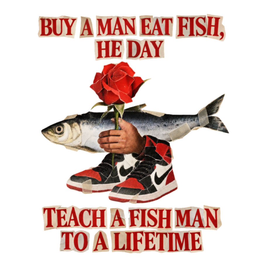 Buy A Man Eat Fish Sticker — Funny Surrealism — White