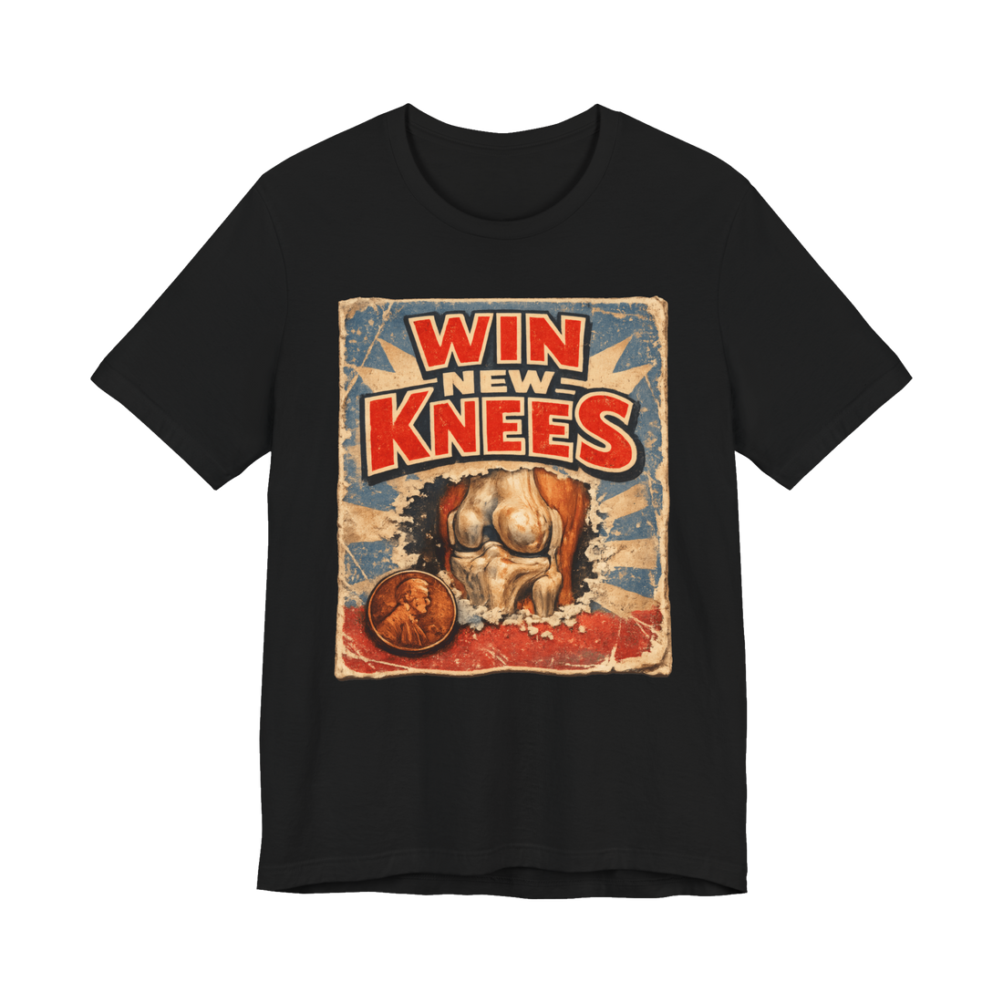 A funny t-shirt featuring a scratch-off lottery ticket for new cartilage, mocking joint pain and getting old.