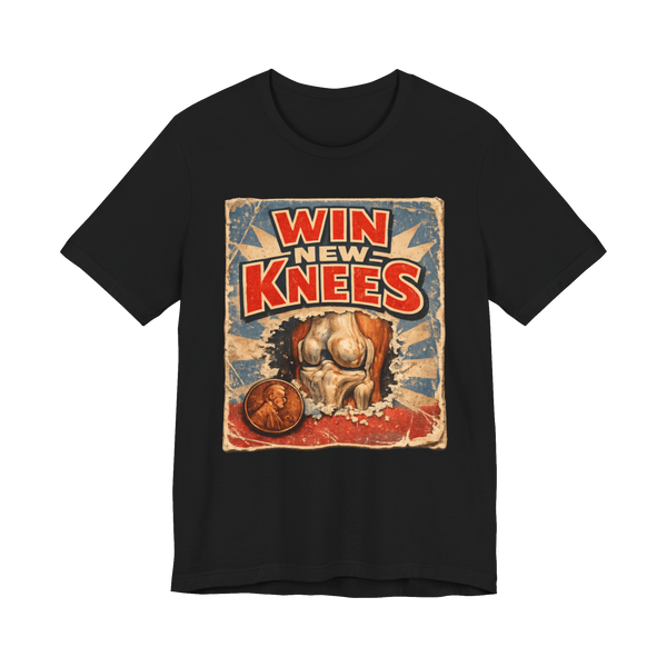 A funny t-shirt featuring a scratch-off lottery ticket for new cartilage, mocking joint pain and getting old.