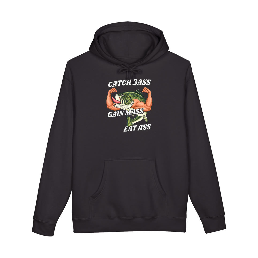 Catch Bass Gain Mass Eat Ass Hoodie — Fishing Funny Gym Bro Fitness — Black
