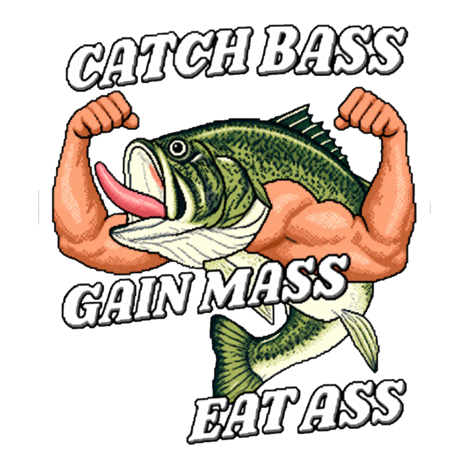 Catch Bass Gain Mass Eat Ass Sticker — Fishing Funny Gym Bro Fitness — White