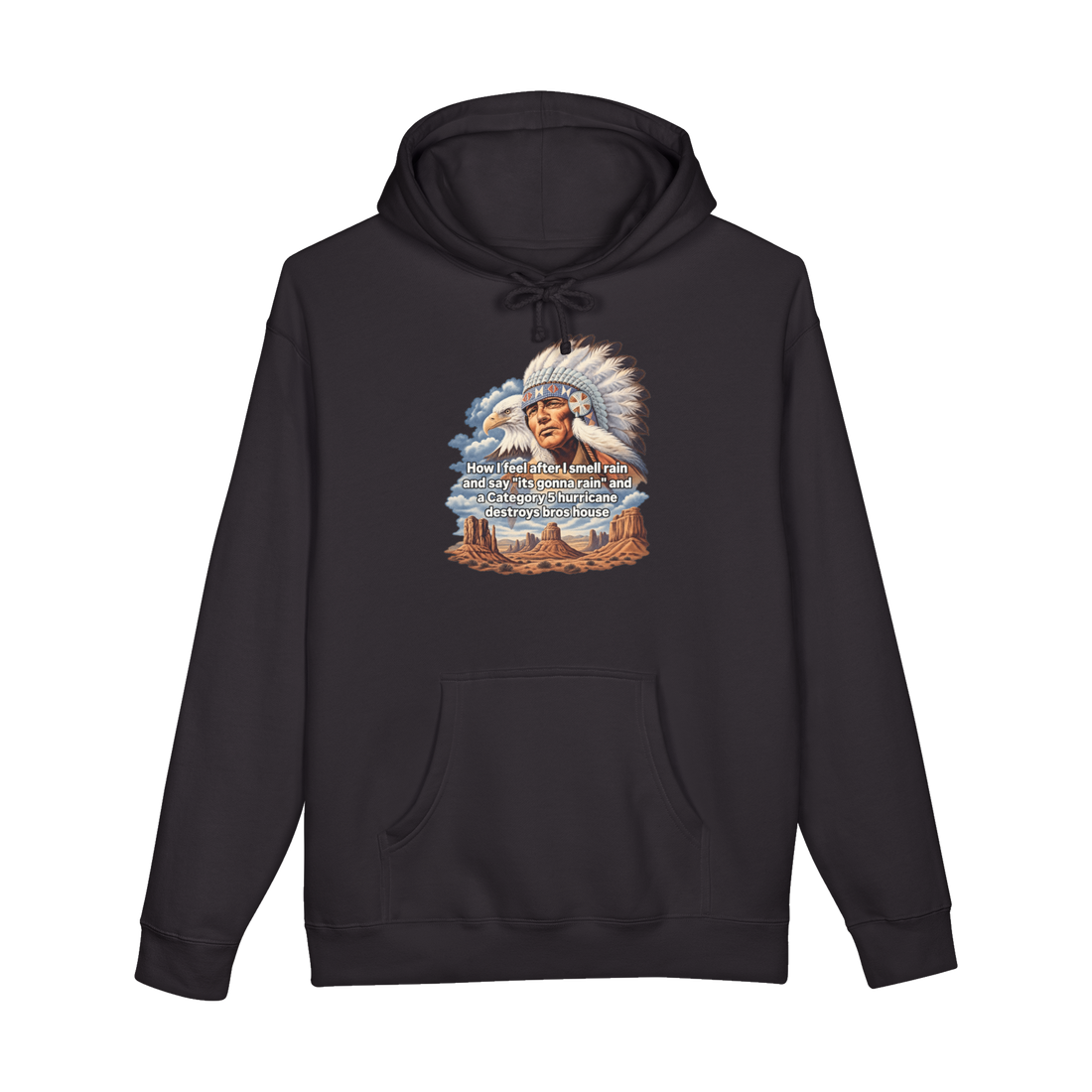 Category 5 Shaman Hoodie — Funny Native American Rain Meme — Black