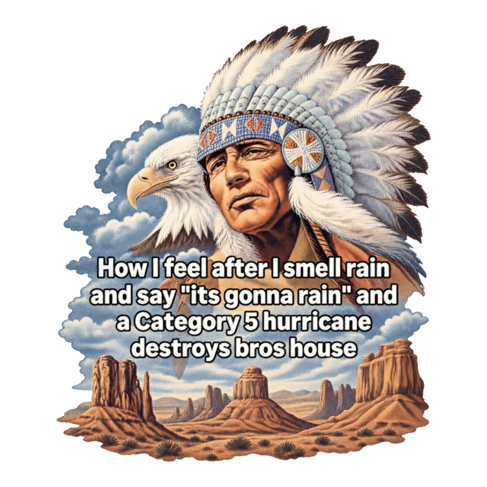 Category 5 Shaman Sticker — Funny Native American Rain Meme — White