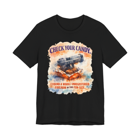 Check Their Candy T-Shirt — Halloween Gun in Suburban Panic Facebook — Black