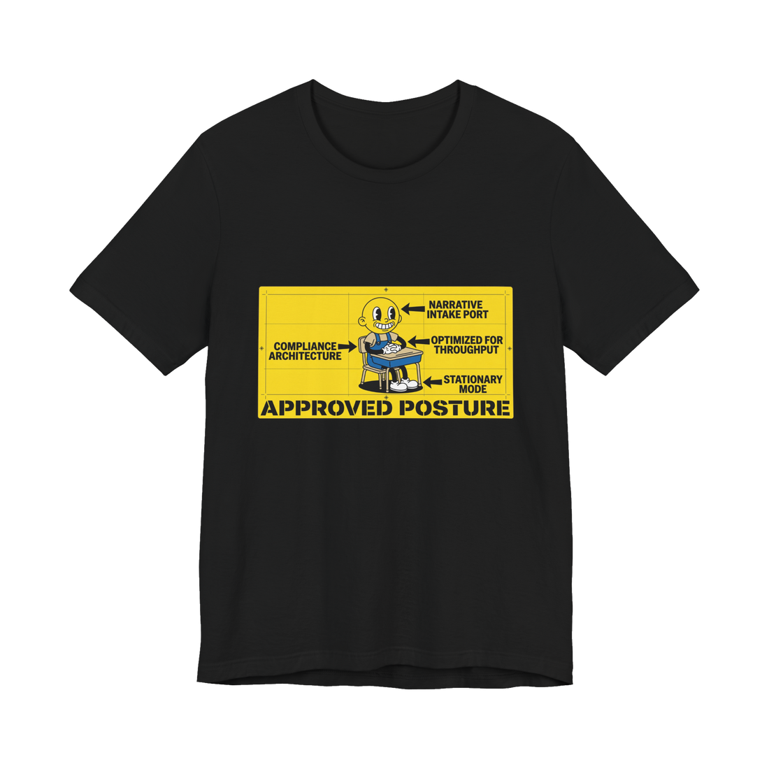 Correct Seating Posture For Re-Education Funny Dystopian T-Shirt — Black